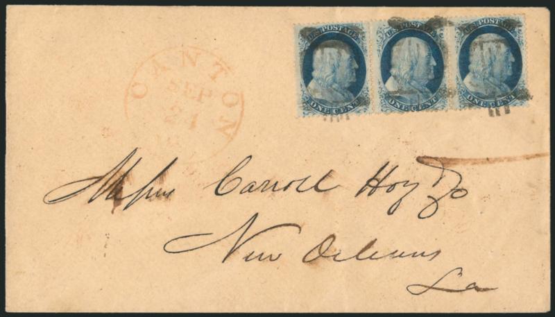 1c Blue, Ty. V (24).> Positions 16-18L9, horizontal strip of three, tied by neat strikes of <Lyre fancy cancel,> red Canton Mi. Sep. 24 circular datestamp on cover to Carroll Hoy & Co. in New Orleans, small
filing holes as usual for this correspond