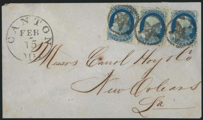 1c Blue, Ty. V (24).> Plate 9, horizontal pair and single, tied by three strikes of <Star in Rope Circle fancy cancel,> matching Canton Mi. Feb. 15 circular datestamp on cover front only to Carroll Hoy & Co.
in New Orleans, usual small filing holes
