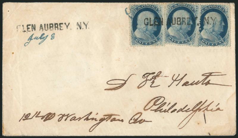 1c Blue, Ty. V (24).> Three singles, Positions 89, 69 and 95L9, center stamp with <dash in head,> tied by blue manuscript at top left and cancelled by <^GLEN AUBREY, N.Y. straightline handstamp,> second strike
at left with blue manuscript July 8