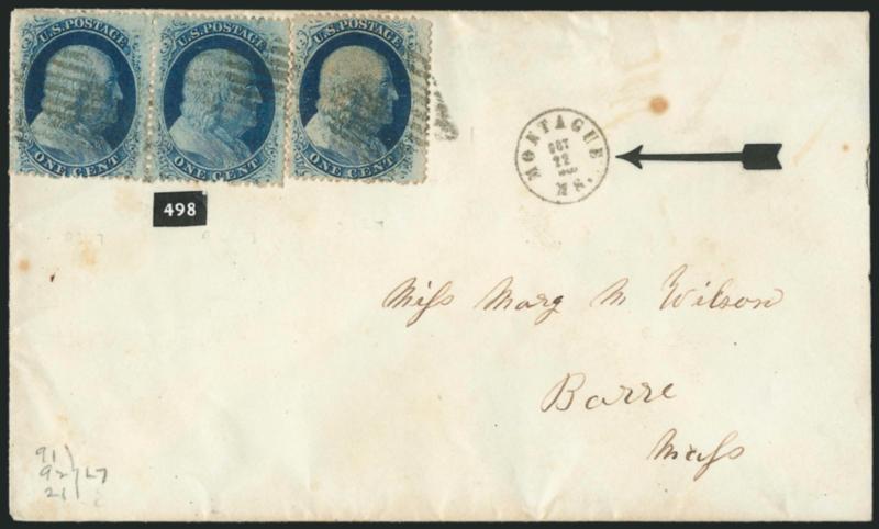1c Blue, Ty. V (24).> Positions 91-92 and 21L7, horizontal pair and single, tied by square grids, matching <thimble-size Montague Ms. Oct. 22, 1860> circular datestamp on cover to Barre Mass., barely reduced
at right, some slight overall wear, Very