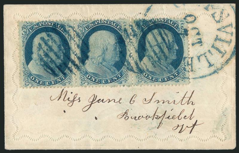 1c Blue, Ty. V (24).> Horizontal strip of three, choice centering, tied by <blue> grids and by matching Gaysville Vt. Oct. 7 circular datestamp on ladys cover to Brookfield Vt., Very Fine and choice
