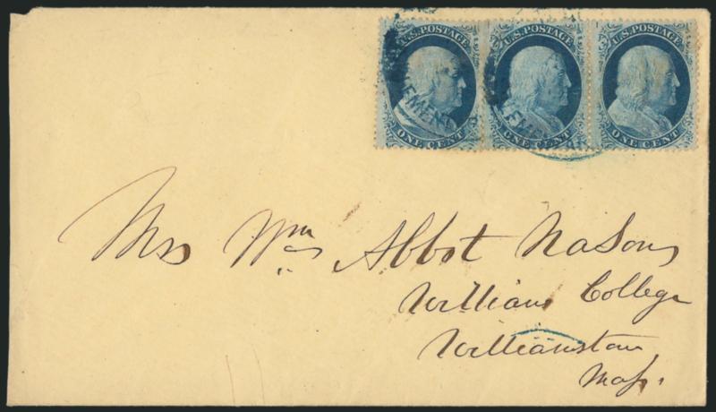 1c Blue, Ty. V (24).> Two covers: first bears horizontal strip of three tied by <blue> Chicago Supplementary Mail circular datestamps to Williamstown Mass., second cover is a companion bearing 3c Dull Red, Ty.
III (26) tied by <blue> grid and match