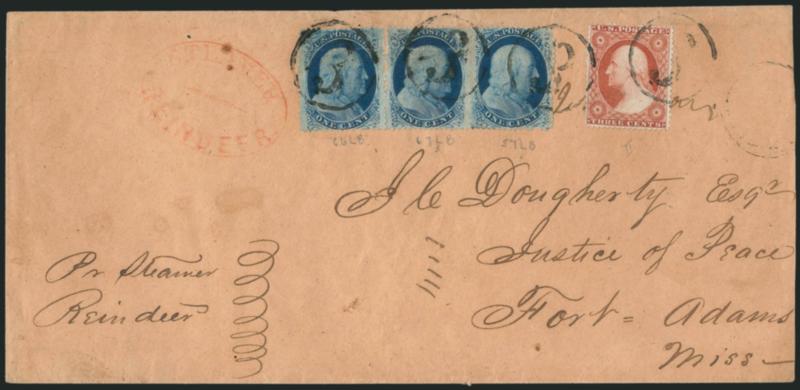 1c Blue, Ty. V (24).> Positions 66-67L8 and 57L8, horizontal pair and single, used with <3c Dull Red, Ty. III (26)> and tied by neat strikes of <3 in circle handstamps on legal-size cover to Fort Adams Miss.,
light strike of <red Steamer Reindeer