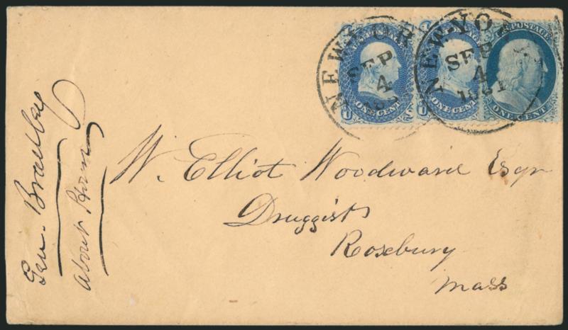 1c Blue, Ty. V (24).> Bright color, used with <two 1c Blue (63)> and tied together by New-York Sep. 4, 1861 circular datestamps on cover to Roxbury Mass., barely reduced at left, Very Fine, a very unusual and
attractive combination, New York City a