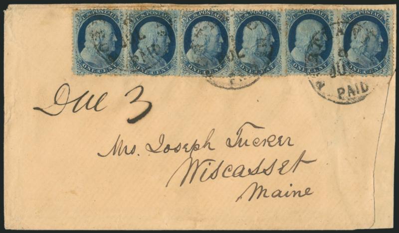 1c Blue, Ty. V (24).> Six singles, Positions 12L, 42L, 24L, 15L, 16L and 11L8, Position 16L8 with so-called <moon on shoulder> variety, tied by Portland Me. Paid 9 Jul. circular datestamps on cover to
Wiscasset Me., also with manuscript <Due 3> a