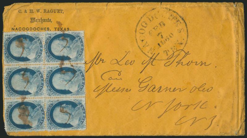 1c Blue, Ty. V (24).> Positions 35-3745-47L8, block of six, tied by brown manuscript, Nacogdoches Tex. Feb. 7, 1860 circular datestamp on buff cover with C. & H. W. Raguet, Merchants corner card to New York
N.Y., some edge flaws also affect stam