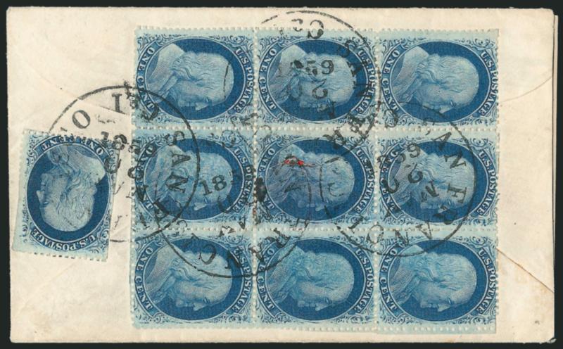 1c Blue, Ty. V (24).> Positions 12-1422-2432-34 and 81L7, <block of nine> and single, tied by San Francisco Cal. May 20, 1859 circular datestamps on back of cover to Lynn Mass., center stamp in block with tear
from wax seal, few perfs scissors-se