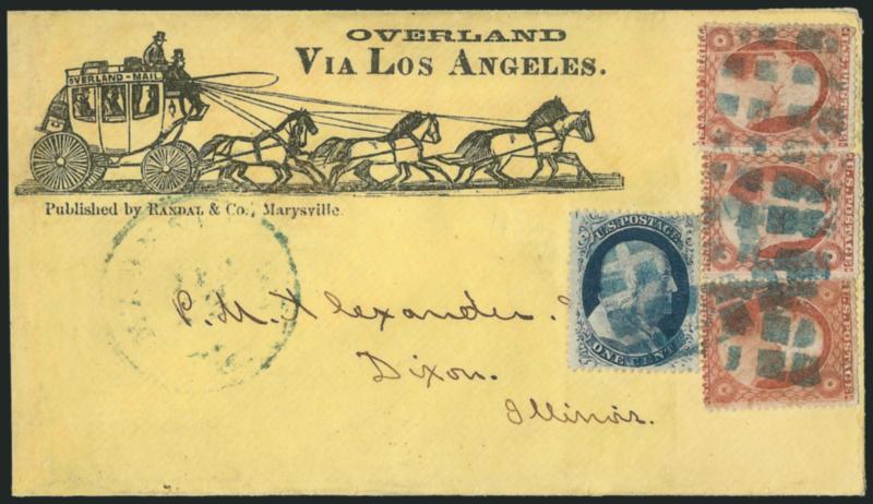 1c Blue, Ty. V (24).> Plate 9, A Relief from the top row of the plate, used with <three 3c Dull Red, Ty. III (26)> and cancelled by <blue> segmented corks, light strike of matching Marysville Cal. Dec. 23
circular datestamp on light yellow cover to