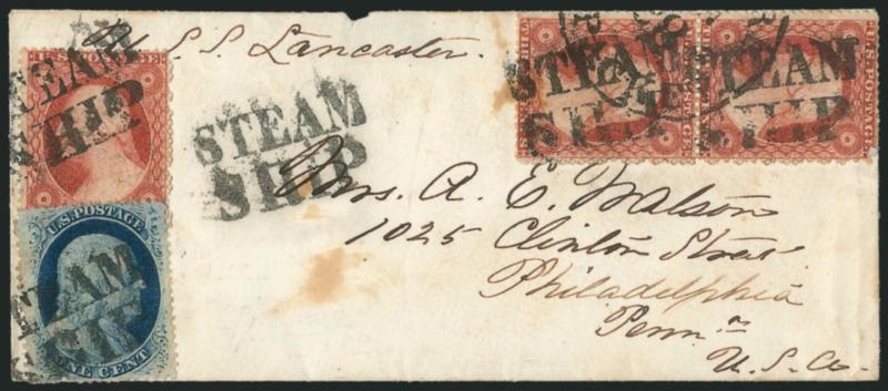 1c Blue, Ty. V (24).> Rich color, used with vertical pair and single of <3c Dull Red, Ty. III (26),> each tied by neat strike of New York <SteamShip> handstamp on small cover to Philadelphia, endorsed <<U.S.S.
Lancaster>> at upper left, missing