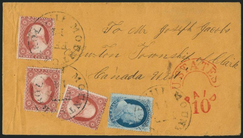 1c Blue, Ty. V (24).> Bright color, used with <three 3c Dull Red, Ty. III (26)> and tied by Mount Carroll Il. Feb. 14 circular datestamps on buff cover <to Newton Township, Canada West,> red Paid 10 and U.
States in arc handstamps, 1860 receivi