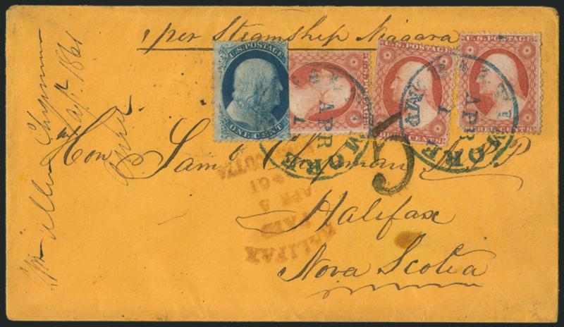 1c Blue, Ty. V (24).> Scissors-separated into design at right, used with <three 3c Dull Red, Ty. III (26)> and tied by <blue> Baltimore Md. Apr. 1 circular datestamps on buff cover <to Halifax, Nova Scotia,>
bold 5 due marking also ties one 3c, B
