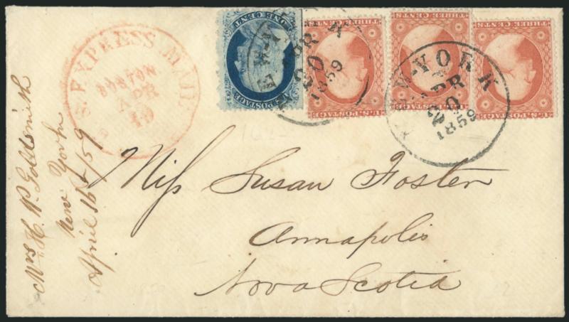 1c Blue, Ty. V (24).> Straddle-pane margin at left with trace of centerline, used with <three 3c Dull Red, Ty. III (26),> bright color, tied by New-York Apr. 20, 1859 circular datestamps on cover <to
Annapolis, Nova Scotia,> red <U.S. Express Mail