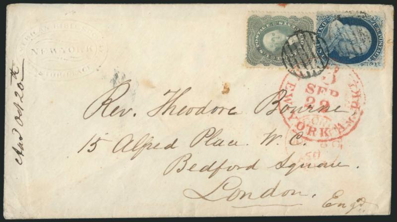 24c Gray Lilac (37).> Slightly bleached color, used with <1c Blue, Ty. V (24)> and tied by neat grid and <red> New-York Am. Pkt. 3 Sep. 22 credit circular datestamp on cover <to London, England,> embossed
Bible Society corner card, some slight wear