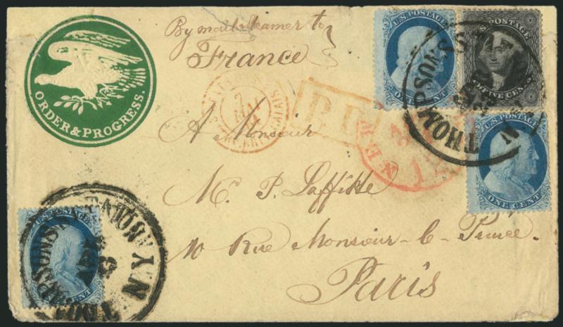 1c Blue, Ty. V (24).> Three singles, used with <12c Black, Plate 3 (36B),> tied by bold Thompsons Station N.Y. Apr. 23 (1861) circular datestamp on light yellow cover <to Paris, France, with green Order &
Progress embossed eagle corner card>, red