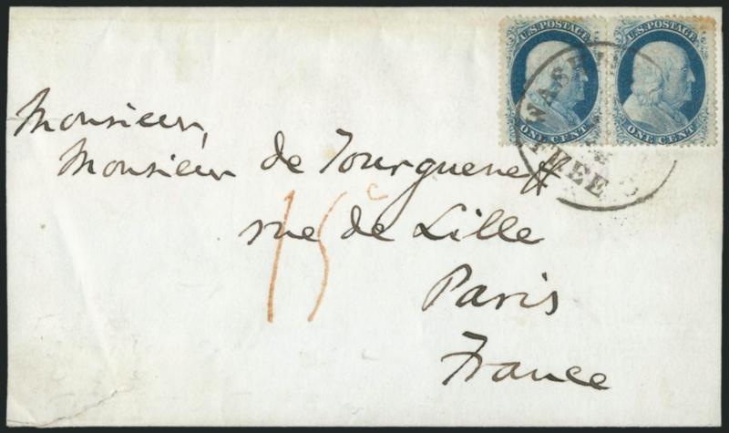 1c Blue, Ty. V (24).> Horizontal pair, tied by Washington D.C. Free circular datestamp on folded cover <to Paris, France,> red French 15c due handstamp, <Charles Sumner, Senator> in manuscript on back, stamps
with slight toning, cover with smal