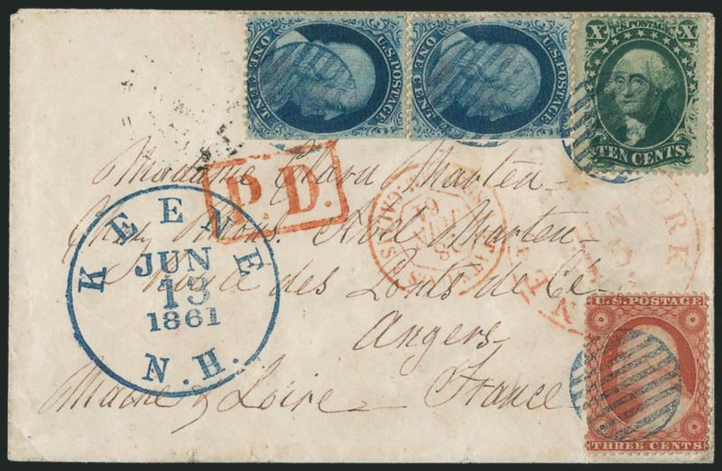 10c Green, Ty. V (35).> Rich color and choice centering, used with <vertical pair of 1c Blue, Ty. V (24) and 3c Dull Red, Ty. III (26),> tied by <blue> grids and matching Keene N.H. Jun. 13, 1861 circular
datestamp on cover <to Augers, France,> red