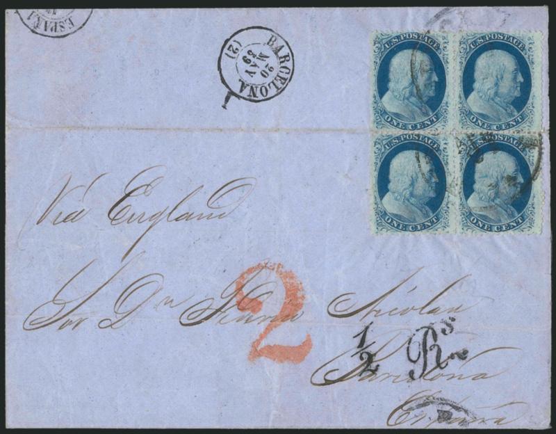 1c Blue, Ty. V (24).> Positions 47-4857-58L8, <block of four,> tied by New Orleans La. Apr. 21 circular datestamps on blue folded cover <to Barcelona, Spain,> endorsed <<Via England>>, red 2 credit handstamp,
-12Rs. due handstamp, 1859 rece