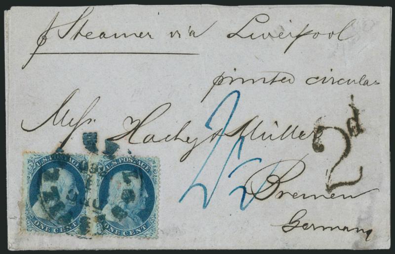 1c Blue, Ty. V (24).> Positions 27-28R9, horizontal pair, tied by <blue> Louisville Ky. Dec. 1, 1860 circular datestamp on folded outer sheet from printed circular <to Bremen, Germany,> endorsed <<p steamer
via Liverpool>>, various rate markings,