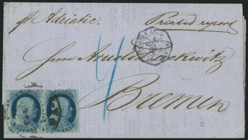 1c Blue, Ty. V (24).> Two singles, tied by light strike of New-York Aug 2?, 1860 circular datestamp on blue folded printed circular <to Bremen, Germany,> blue Havre octagonal transit, receiving backstamp,
endorsed <<pr Adriatic>> at upper left, V