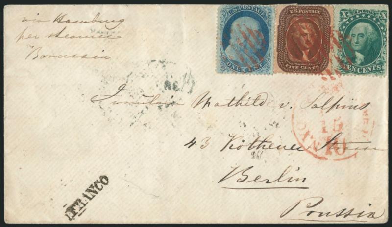 5c Brown, Ty. II (30A).> Used with <1c Blue, Ty. V (24),> Position 18L10 and <10c Green, Ty. V (35),> s.e. at right, 5c and 10c tied by <red> grid cancel, matching strike on 1c, red N. York Paid 10 Hamb. Pkt.
Apr. 10 credit datestamp on 1861 cover