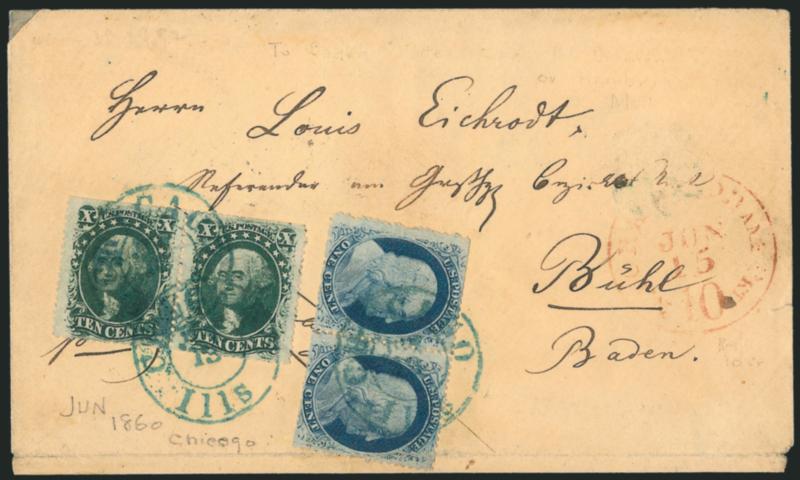 10c Green, Ty. V (35).> Positions 38-39R2, horizontal pair, used with <horizontal pair of 1c Blue, Ty. V (24),> scissors-separated causing some short perfs, tied by neat strikes of <blue> Chicago Ills. Jun. 13
double-circle datestamps on 1860 cover