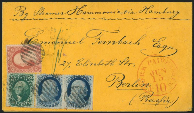 10c Green, Ty. V (35).> Rich color, used with <horizontal pair of 1c Blue, Ty. V (24) and 3c Dull Red, Ty. III (26),> 1c s.e. at right, tied by grid cancels, red N. York Paid 10 Hamb. Pkt. Jun. 15 credit
datestamp on orange 1859 cover <to Berlin, G