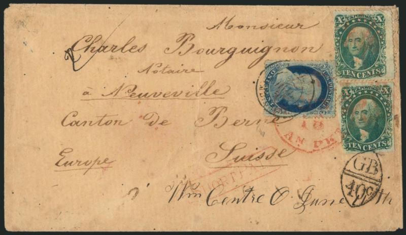 10c Green, Ty. II (14).> Large margins to clear, used with <1c Blue, Ty. V (24) and 10c Green, Ty. V (35),> tied by red grids and by matching New-York Am. Pkt. Jun. 18 circular datestamp on 1859 cover <to
Berne, Switzerland,> imperf also tied by <