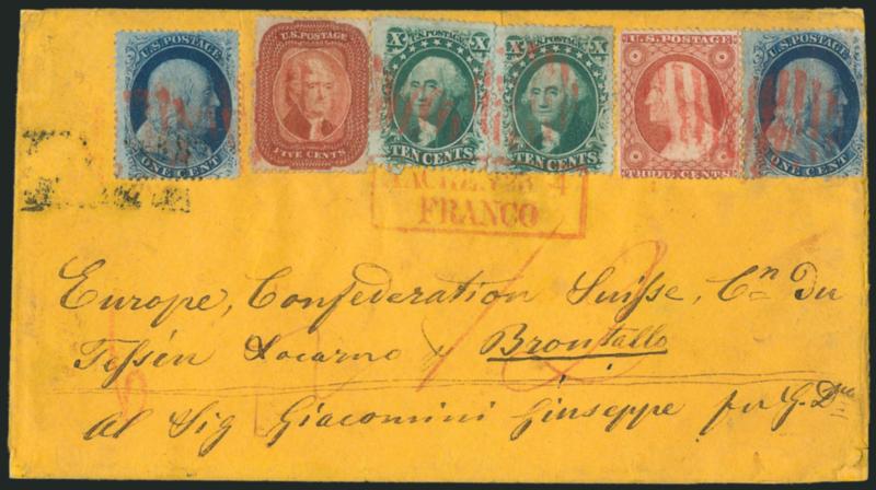 1c Blue, Ty. V (24).> Two singles, used with <3c Dull Red, Ty. III (26) and two 10c Green, Ty. V (35),> tied by <red> grids on buff cover <to Locarno, Switzerland,> red New-York Br. Pkt. Apr. 10 datestamp,
transit and receiving backstamps, the 5c B
