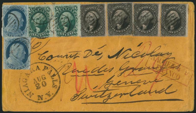 1c Blue, Ty. V (24).> Two singles, used with <horizontal pair of 10c Green, Ty. V (35) and two horizontal pairs of 12c Black, Plate 3 (36B),> tied by grid cancels and Niagara Falls N.Y. Aug. 20 circular
datestamp on orange 1860 cover <to Geneva, Sw