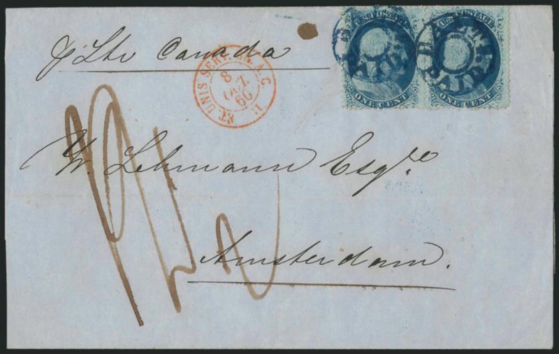 1c Blue, Ty. V (24).> Position 85-86L8, horizontal pair, tied by <blue Balto. Paid> double-circle handstamps on folded outer wrapper of circular <to Amsterdam,> red French transit datestamp (Oct. 8, 1860),
manuscript due rate, triangular receiving
