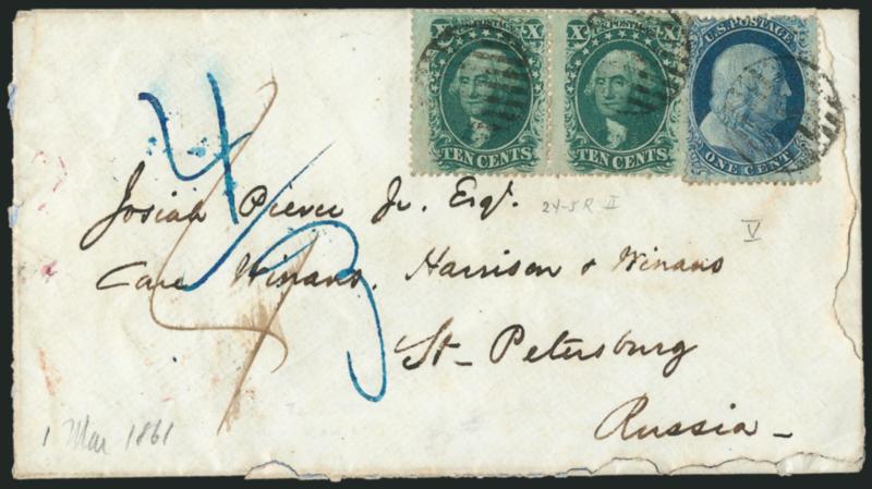 1c Blue, Ty. V (24).> Used with <horizontal pair of 10c Green, Ty. V (35),> Positions 24-25R2, tied by grid cancels on 1861 cover <to St. Petersburg, Russia,> manuscript rates at left, Portland Me. Am. Pkt.
Mar. 23, 1861 and London backstamps, open