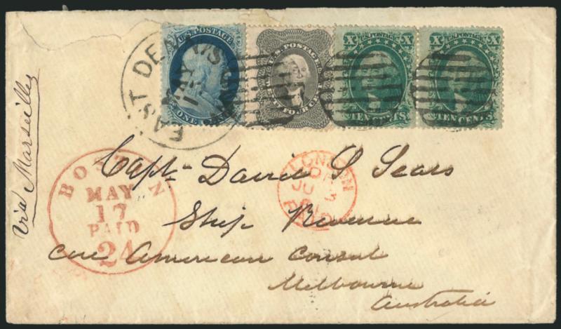 1c Blue, Ty. V (24).> Rich color, used with <horizontal pair of 10c Green, Ty. V (35) and 24c Gray Lilac (37),> tied by grid cancels and East Dennis Mass. May 15 circular datestamp on cover <to Melbourne,
Australia,> red Boston Paid 24 May 17 cre