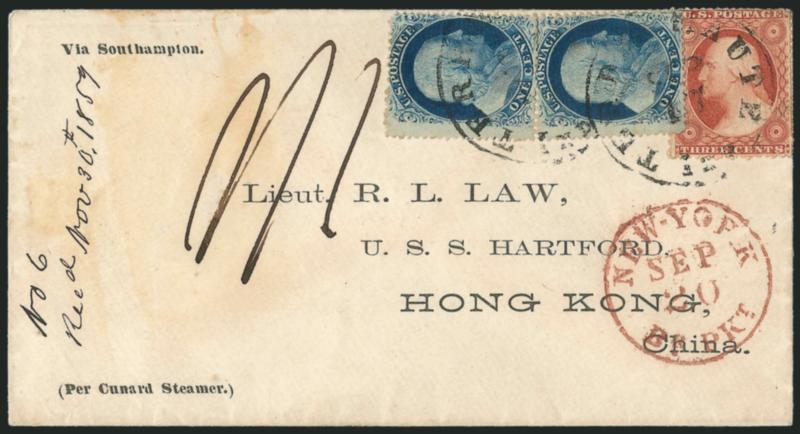 1c Blue, Ty. V (24).> Vertical pair which was partly separated prior to use, used with <3c Dull Red, Ty. III (26),> tied by Terre Haute Ind. Sep. 17 circular datestamp on cover with printed address <to Hong
Kong, China,> red New-York Br. Pkt. Sep.