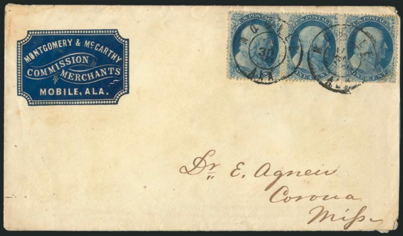 1c Blue, Ty. V (24).> Positions 5-7L8, horizontal strip of three, tied by Mobile Ala. Jan. 30, 1861 double-circle datestamps on cover with <commission merchants blue cameo corner card> to Corona Miss., right
stamp tiny tear at lower right, some sl