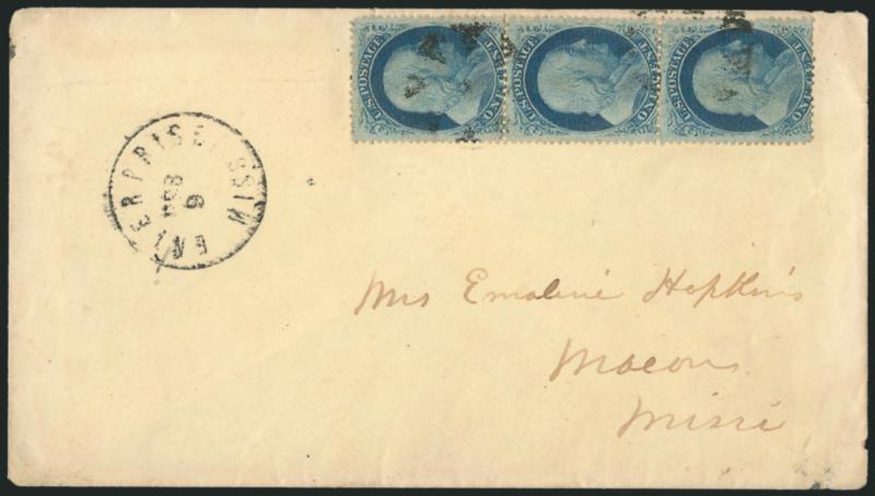 1c Blue, Ty. V (24).> Positions 627282L10, vertical strip of three, tied by light strikes of circle of wedges, Enterprise Miss. Feb. 9 (1861) circular datestamp on cover to Macon Miss., Very Fine, <Confederate
State use> of 1c Type Vs, ex Neinke