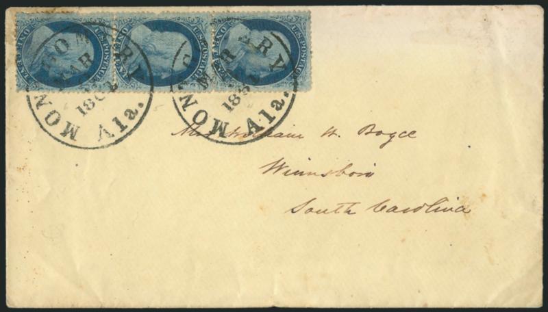1c Blue, Ty. V (24).> Positions 738393L10, vertical strip of three, tied by Montgomery Ala. Mar. 3, 1861 circular datestamp on cover to Winnsboro S.C., couple pulled or short perfs at left, still Very Fine
<Confederate State use,> Alabama was one