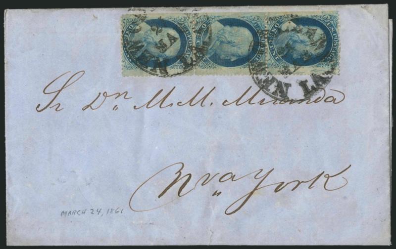 1c Blue, Ty. V (24).> Positions 11121R10, vertical strip of three, straddle-pane margin at left and prominent plate scratches in right margin, tied by bold strikes of New Orleans La. 24 Mar. circular
datestamps on blue 1861 folded letter to New Y