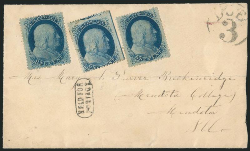 1c Blue, Ty. V (24).> Three singles, incl. Positions 97L10 and 50L9 with <straddle-pane margin and centerline,> uncancelled and affixed to cover to Mendota Ill., neat <Due 3> in circle and also eld for
Postage> handstamps, back of cover with D