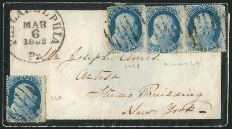 1c Blue, Ty. V (24).> Positions 41-42L9, 31 and 32L9, horizontal pair and two singles, tied by large grid cancels, matching Philadelphia Pa. Mar. 6, 1862 circular datestamp on <mourning> cover to New York,
stamps and cover with few flaws incl. top