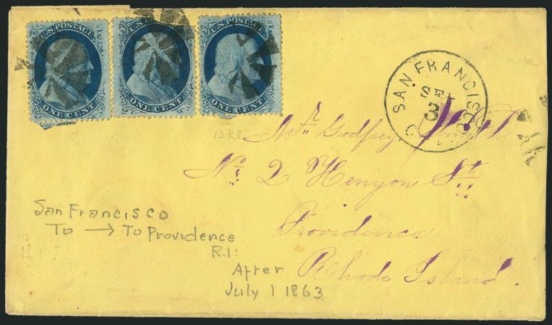 1c Blue, Ty. V (24).> Three singles, one identified as Position 12R8, center stamp torn at top prior to use, tied by circle of Vs, San Francisco Cal. Sep. 3 circular datestamp on yellow cover to Providence
R.I., barely reduced at right, Very Fine,