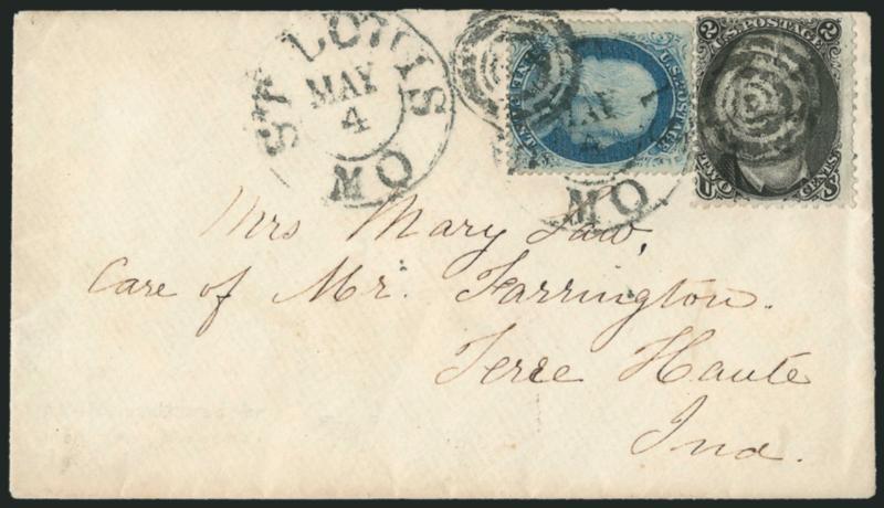 1c Blue, Ty. V (24).> Choice centering, used with <2c Black, F. Grill (93),> tied by target cancels and St. Louis Mo. May 4 double-circle datestamp on small cover to Terre Haute Ind., small stamp faults, still
Fine, a very unusual and late use of t