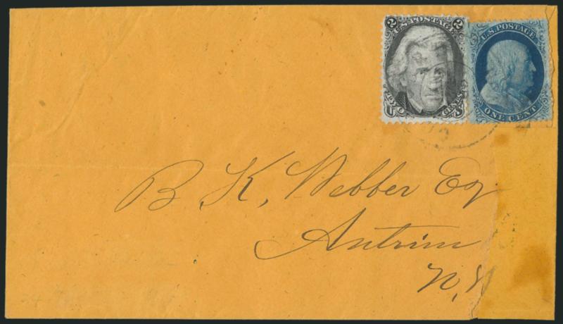 1c Blue, Ty. V (24).> Position 12L10, used with <2c Black (73)> and tied by light strike of Concord N.H. Jan. 24, 1865 double-circle datestamp on buff cover to Antrim N.H., cover clumsily repaired at right,
unusually late use of the demonetized 1c