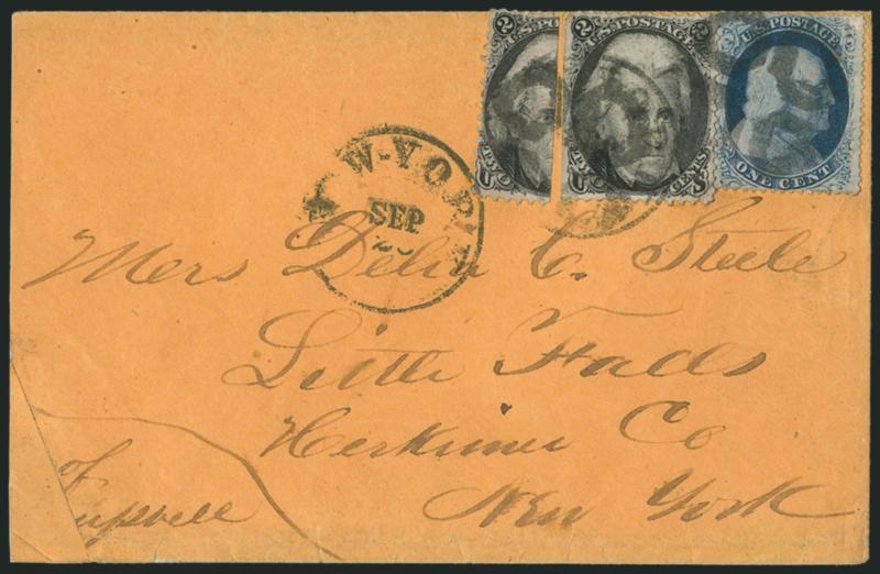 1c Blue, Ty. V (24).> Rich color, used with <2c Black (73) single and 2c Black, Vertical Half Used as 1c (73b),> tied by circle of hollow segments cancel and New-York Sep. 2? circular datestamp on cover to
Little Falls N.Y., reduced one inch at lef
