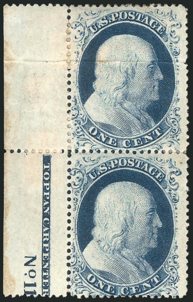 1c Blue, Ty. IIIa (22).> Positions 3141L11, AB Reliefs, vertical pair with <^TOPPAN CARPENTER^ portion of imprint and complete No. 11 plate number> at left, original gum, h.r., rich color, detailed impression,
top stamp horizontal crease<><>^