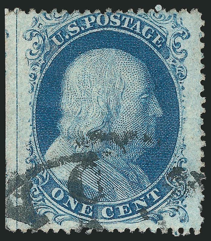 1c Blue, Ty. IIIa (22).> Plate 11, B Relief with <straddle-pane margin and centerline> at left, rich color, Jumbo margins, face-free circular datestamp, Very Fine, with 1991 P.F. certificate
