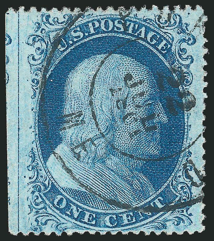 1c Blue, Ty. II (20).> Position 1R11, T Relief, with <straddle-pane margin and centerline> at left, <double transfer,> pretty shade, neat strike of Portland Me. 22 Jul. 1861 double-circle datestamp,
well-balanced margins, Extremely Fine, a very sca