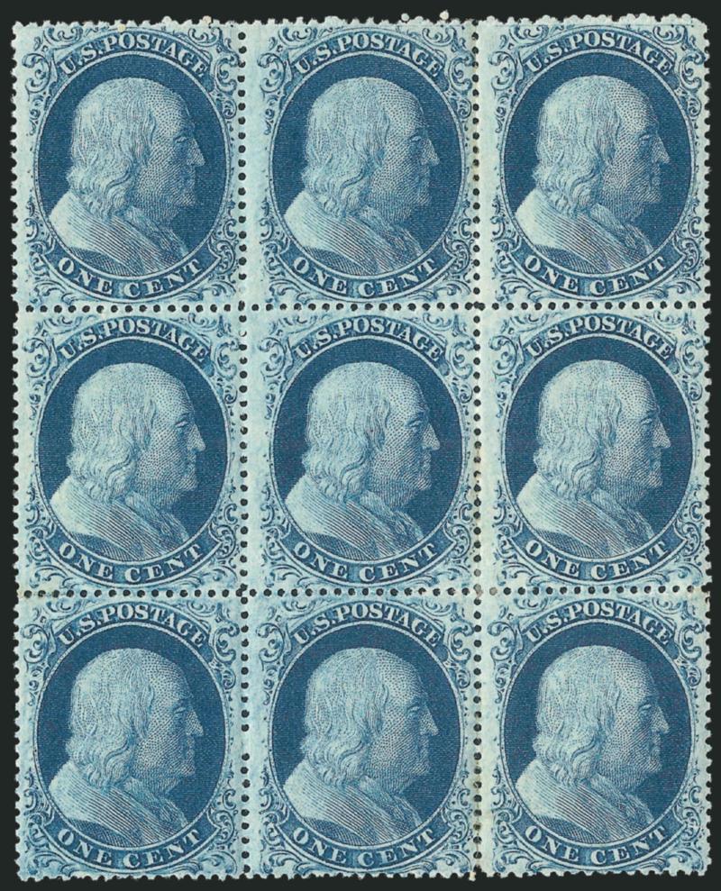 1c Blue, Ty. IIIIIaIIIa (202222).> Plate 11, block of nine, TAB Reliefs from the top three rows of the plate -- in our opinion and for the reasons explained below, Positions 3-513-1523-25R11 -- top row Type
II, bottom two rows Type IIIa, orig