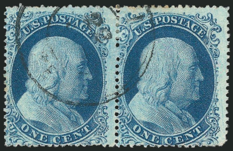 1c Blue, Ty. II (20).> Positions 9-10R11, horizontal pair, T Relief from the top row of the plate, left stamp <double transfer,> detailed impression, neat double-circle datestamp, right stamp minor toning at
top, Fine appearance, a scarce pair from t