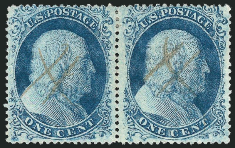 1c Blue, Ty. II (20).> Plate 11, T Relief from the top row of the plate, left stamp with <double transfer,> especially noticeable to the right of vignette, bright color, neat manuscript cancels, few minor perf
separations, Very Fine, a desirable pair