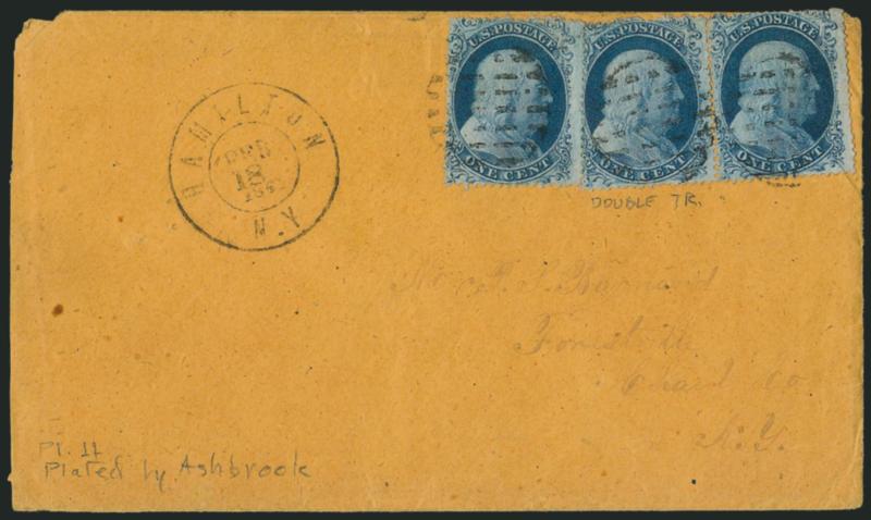 1c Blue, Ty. II (20).> Positions 8-10R11, T Relief from the top row of the plate, single and horizontal pair originally forming a strip, Position 9 has <double transfer,> tied by grid cancels, Hamilton N.Y.
Feb. 18, 1861 double-circle datestamp on